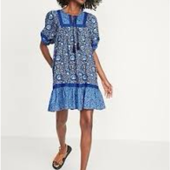 Old Navy Dresses & Skirts - Old Navy Puff Sleeve Peacock Swing Mini Dress Blue Printed Cotton Cottagecore S